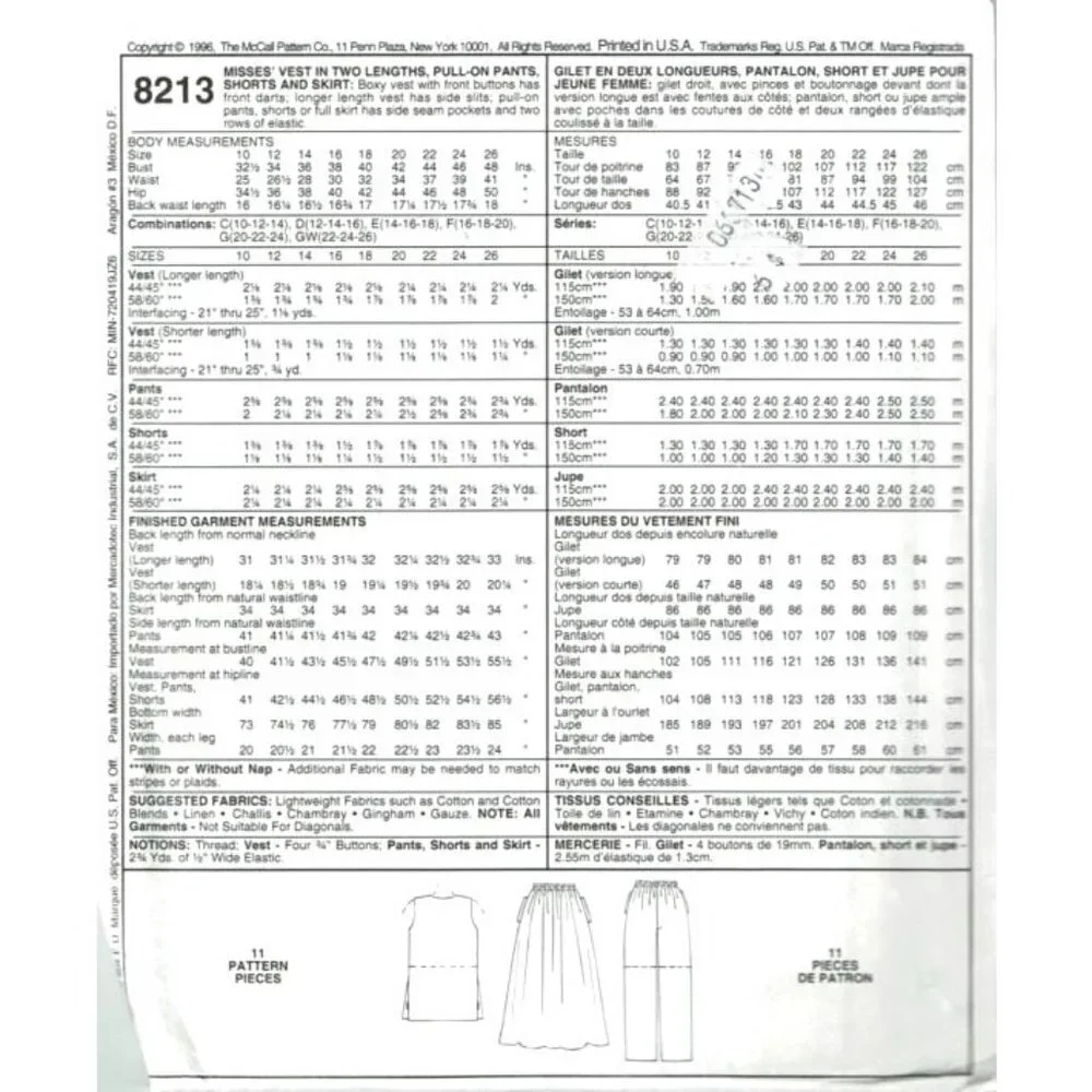 McCalls Sewing Pattern 8213 Vest Pants Short Skirt Misses‎ Size 12-16